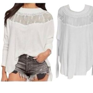 Free People - Spring Valley Long Sleeves Top | Women Small | Ivory Crotchet Lace